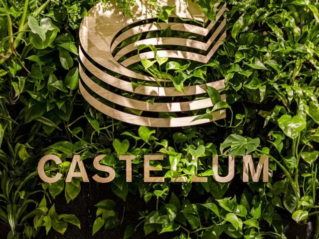 Castellums logga mot en växtvägg.