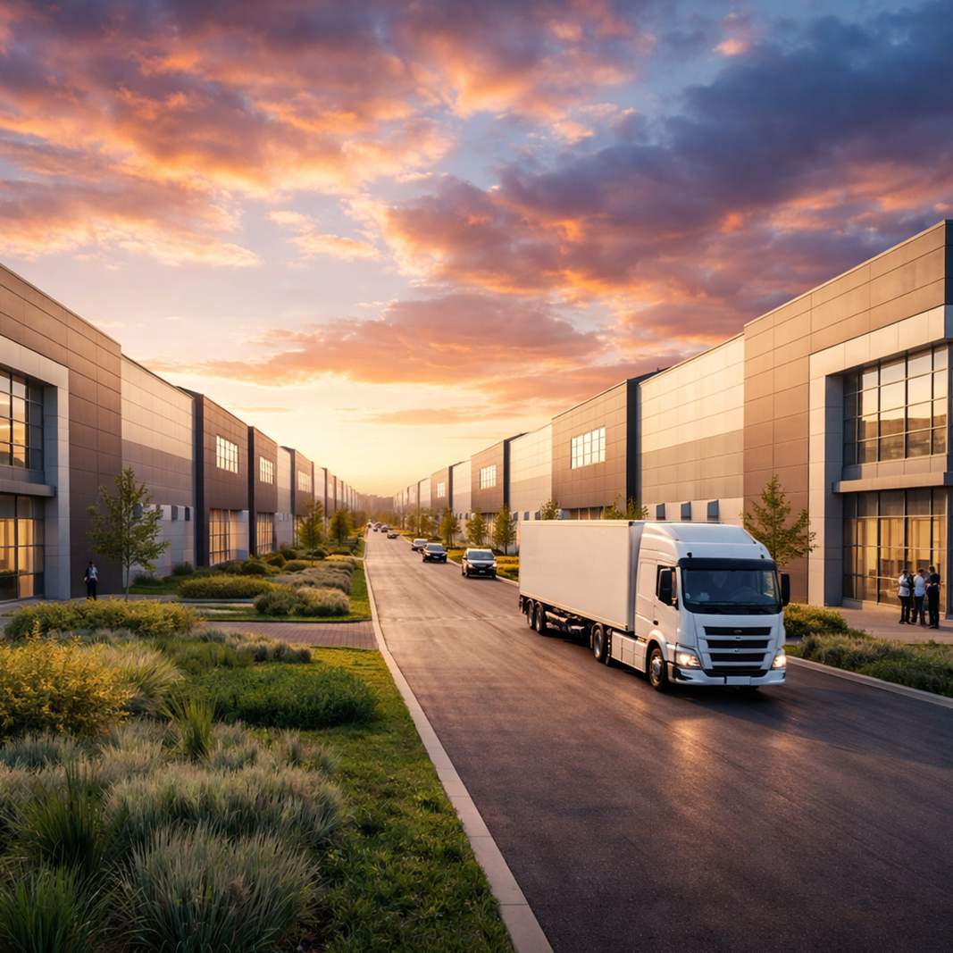 Gata med lastbilar utanför lagerlokal