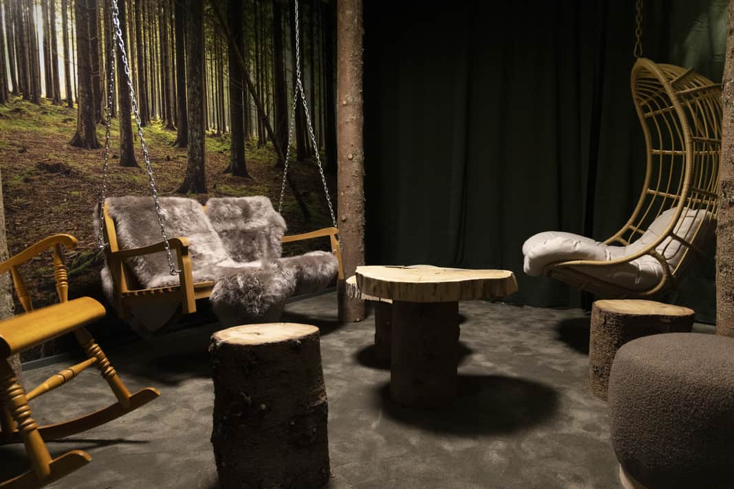 Ett skogsrum med en fototapet med skog, hängande gungor i trä, bordsskiva från en trästam, mysig varm belysning för avslappning.