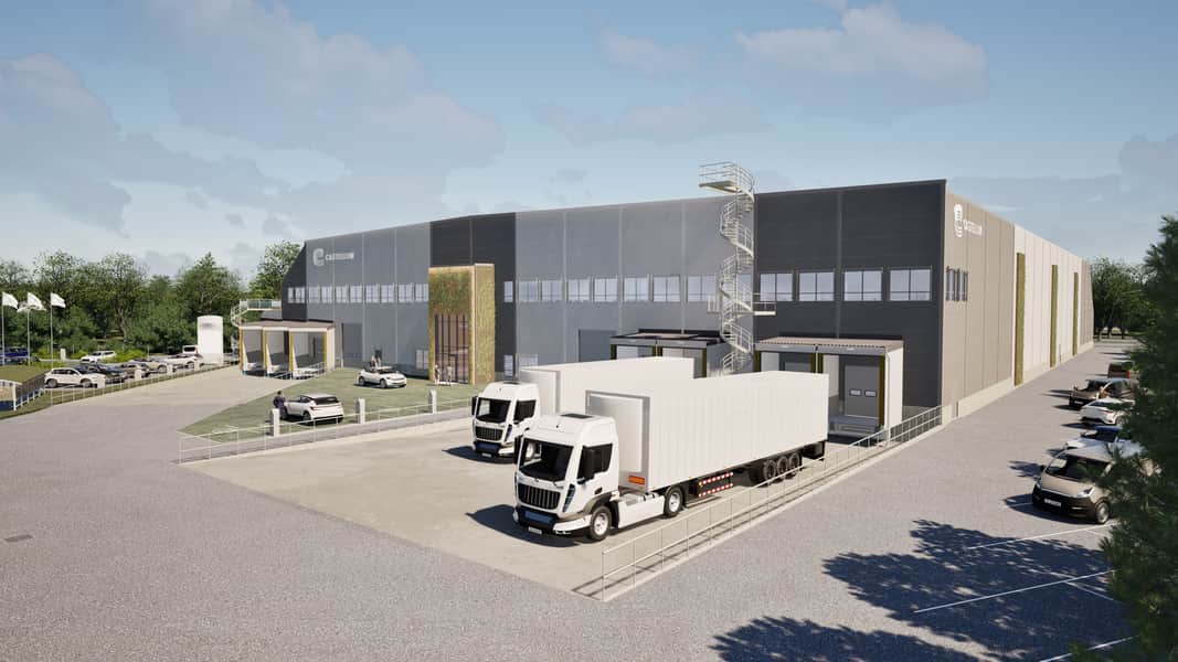 Visionsbild av fastigheten med solceller på taket.