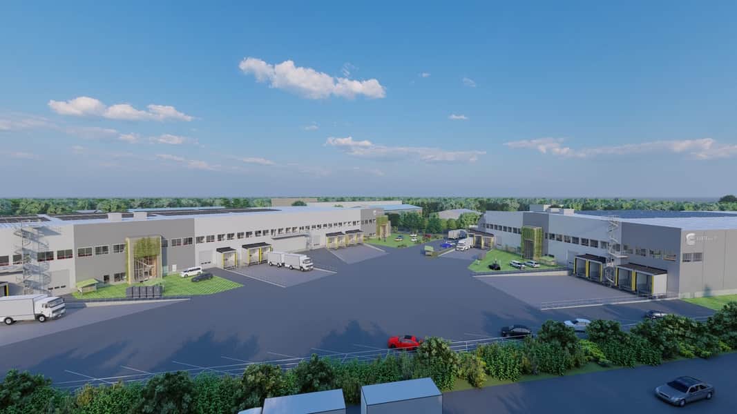 Visionsbild av fastigheten med solceller på taket.