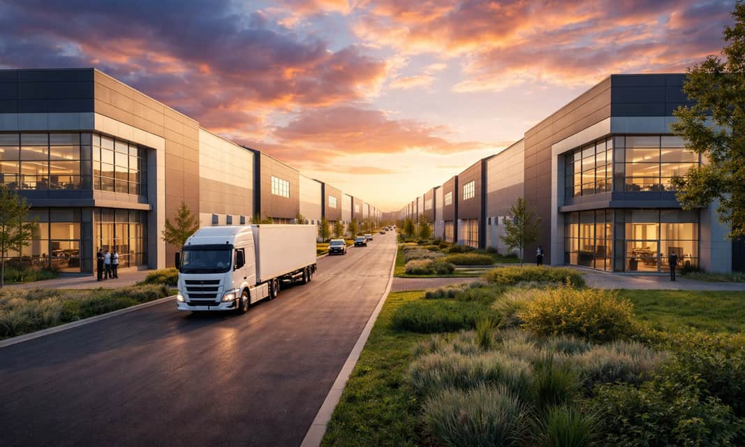 Gata med lastbilar utanför lagerlokal