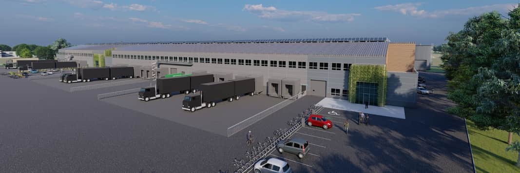 Visionsbild av fastigheten med solceller på taket.