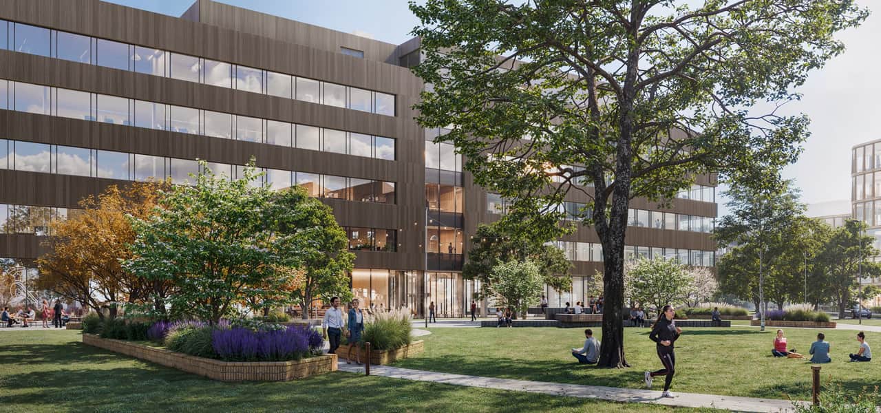 befintliga fastigheter - de grön och tänkta nybyggnationer (lila)