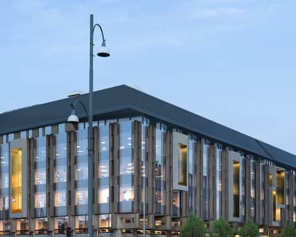 Exteriörbild av huvudkontorets fastighet.