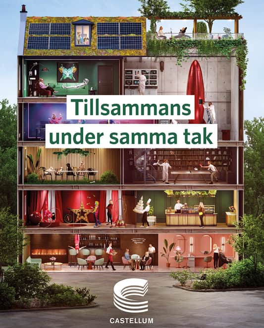 Genomskärning av flervåningshus med människor i olika rum.