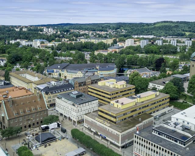 Drönarbild över centrala Borås.