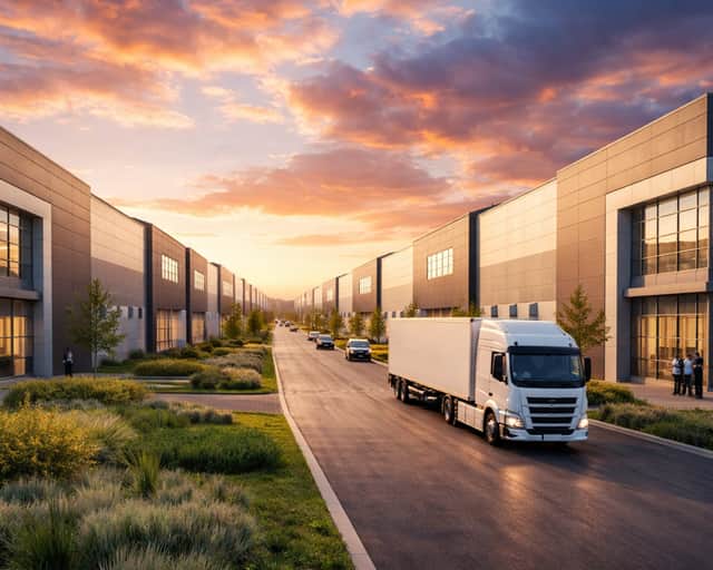 Gata med lastbilar utanför lagerlokal