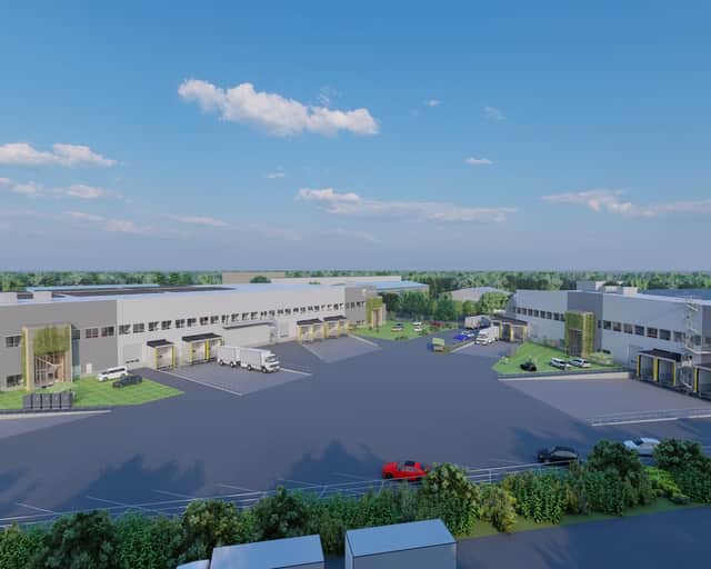 Visionsbild av fastigheten med solceller på taket.