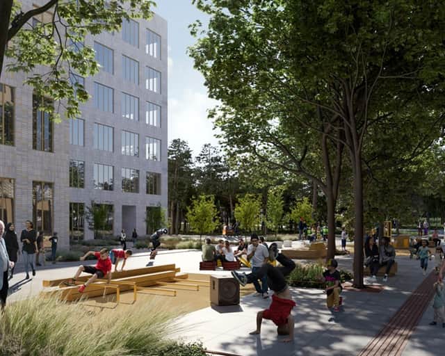 Visionsbild över grönskande torg