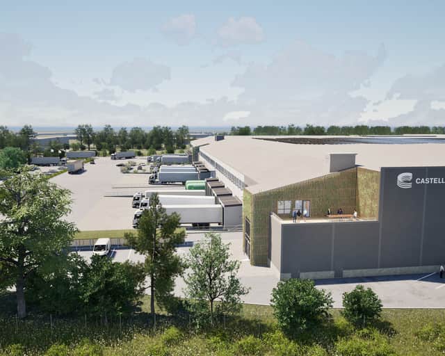 Visionsbild av fastigheten med solceller på taket.