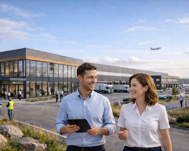 Mabn och kvinna framför byggnad