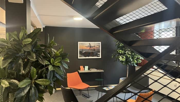 Ett rum med en trappa och en krukväxt.