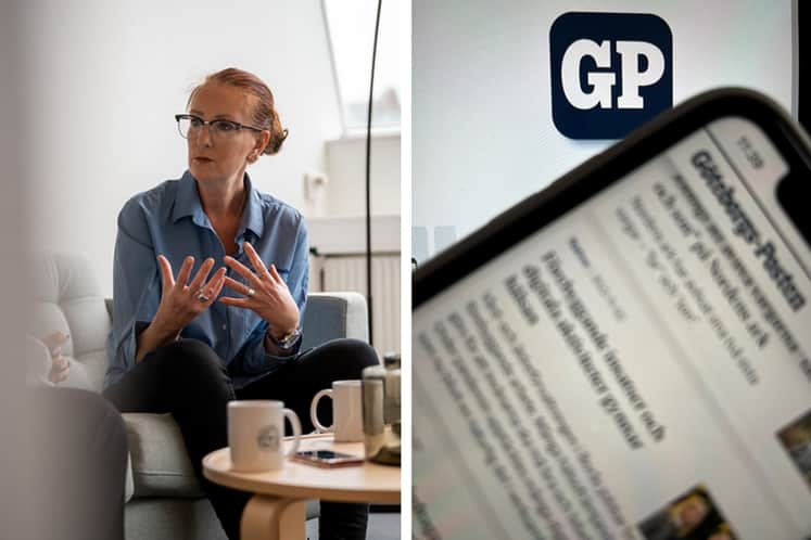 Kollage med Marie och läsplatta med GP:s logotype.