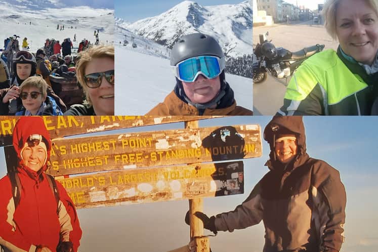 Bildkollage med bilder över Lotta i skidbacken, på bergsvandring och med sin motorcykel