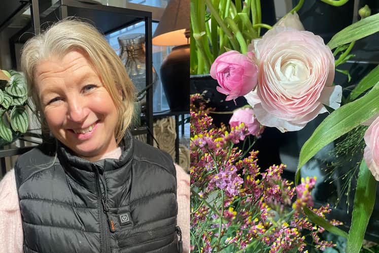 Bildkollage med Jeanethe Jiremyr och blommor.