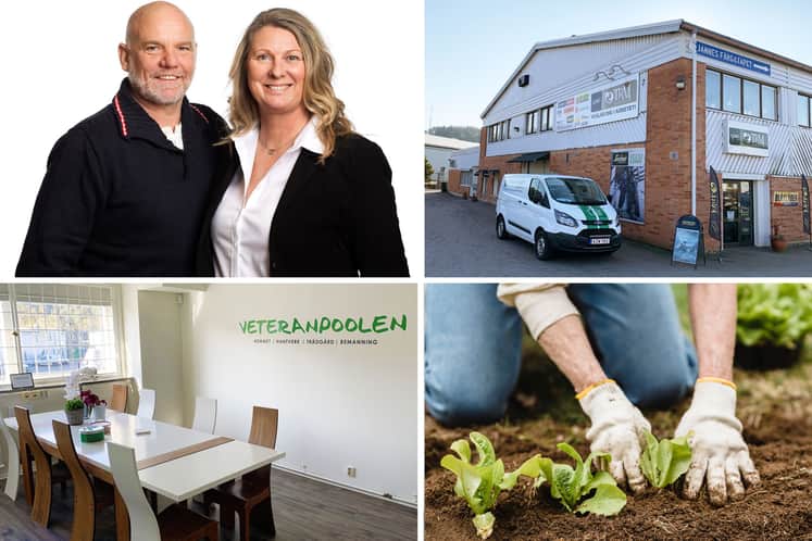 Bildkollage med fastigheten och Ingela och Ingvar.