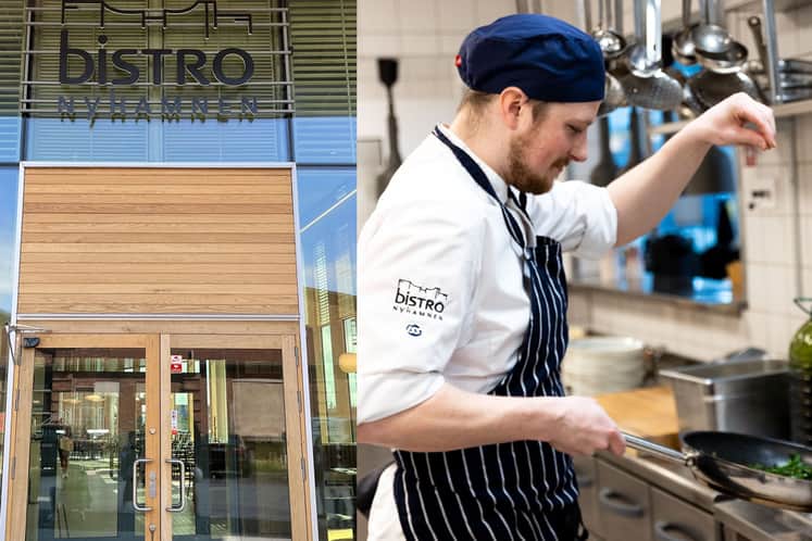 Entrén till restaurangen Bistro Nyhamnen och en kock som lagar mat. 