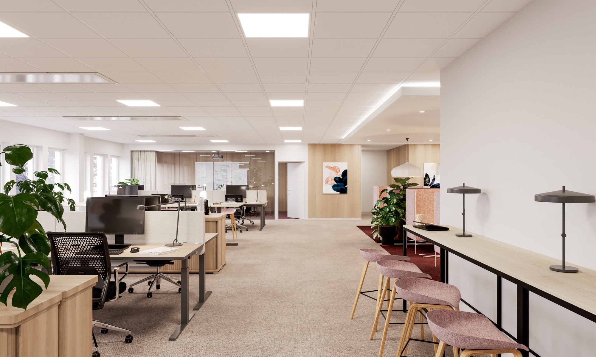 Kontor i tvåplanslösning med generös takhöjd och terrass bild 1