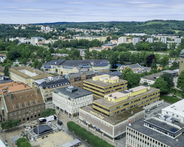Drönarbild över centrala Borås.