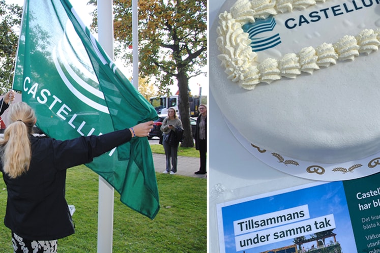 Tårta och person som hissar en Castellum-flagga.