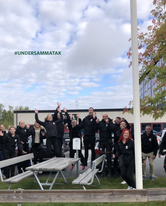 Grupp av människor som hoppar vid flaggstång.