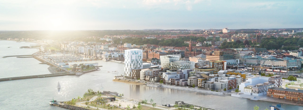Drönarbild över Helsingborg och hamnen.