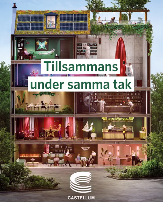 Genomskärning av flervåningshus med människor i olika rum.