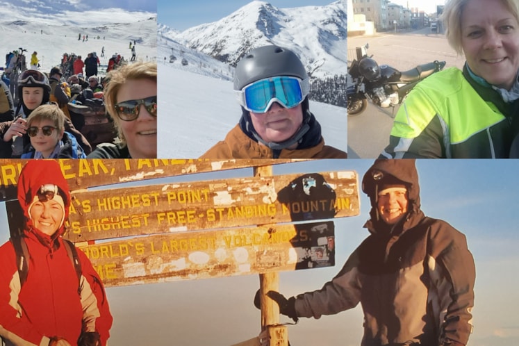 Bildkollage med bilder över Lotta i skidbacken, på bergsvandring och med sin motorcykel