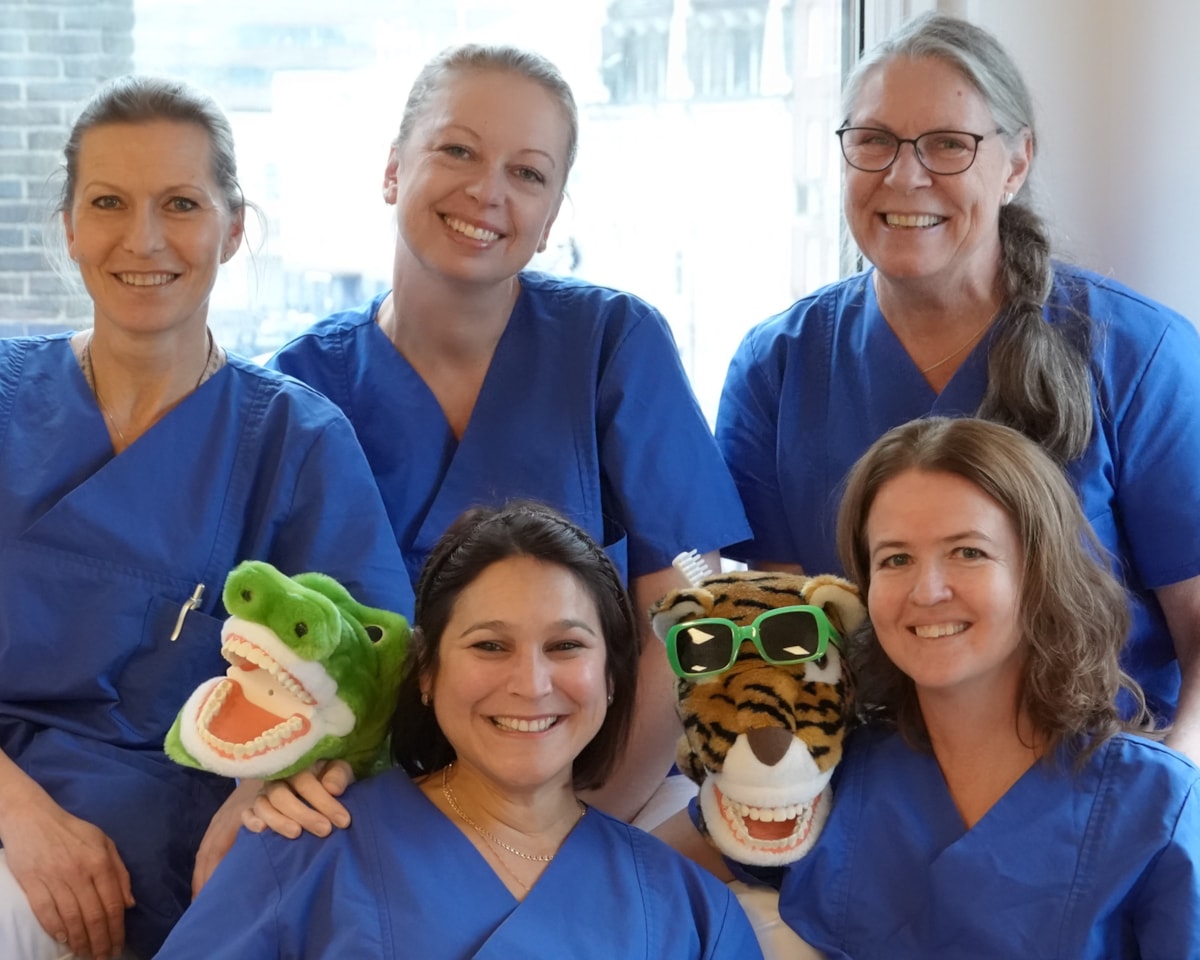 fem glada personer iklädda blåa vårdkläder. Två nallar, en krokodil och en tiger mellan personerna. Tigern bär solglasögon
