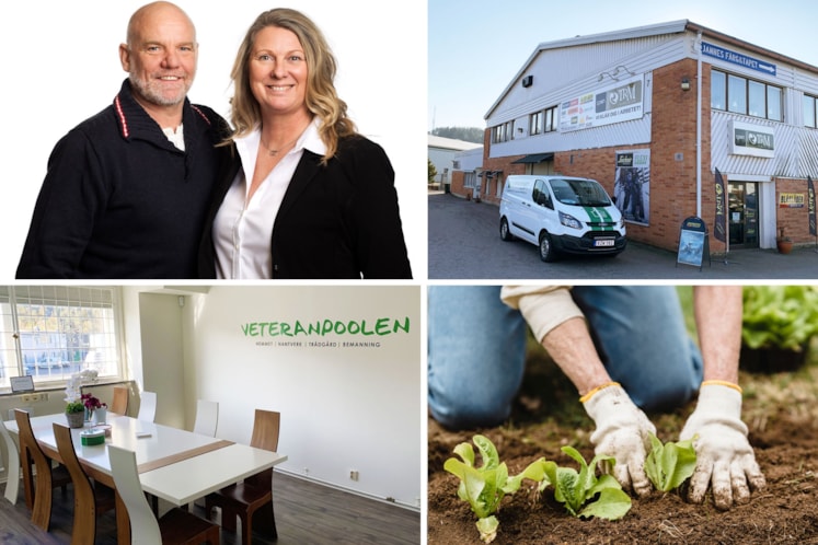 Bildkollage med fastigheten och Ingela och Ingvar.