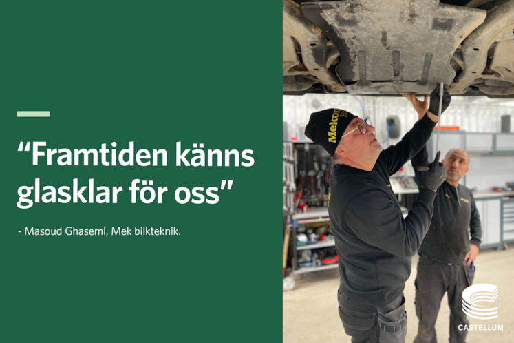 Bild över Mek Bilteknik som arbetar i verkstaden tillsammans med citatet: "Framtiden känns glasklar för oss".