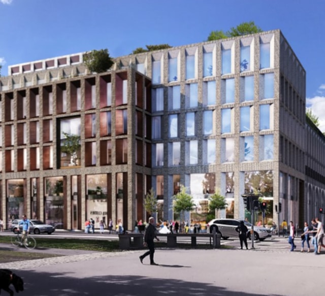 Visionsbild av kommande fastighet vid ett torg.