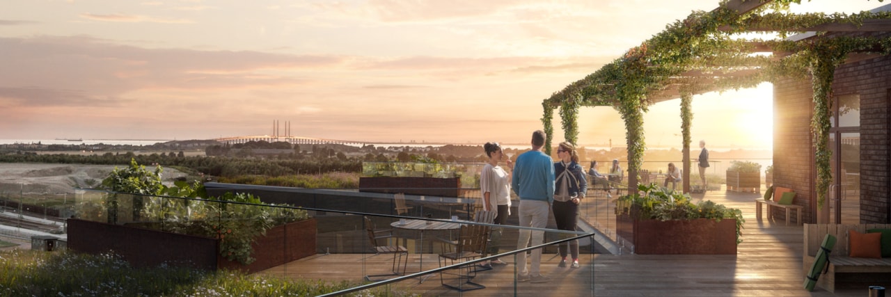 Visionsbild av takterrass med Öresundsbron i bakgrunden.