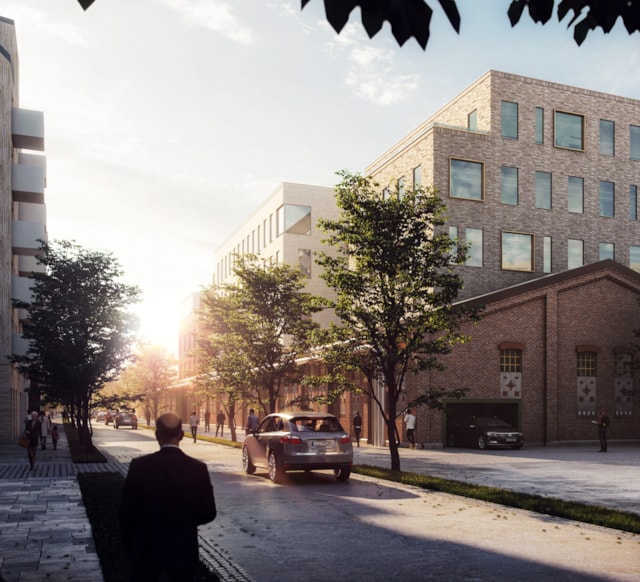 Visionsbild av utemiljö kring Koppartorget.