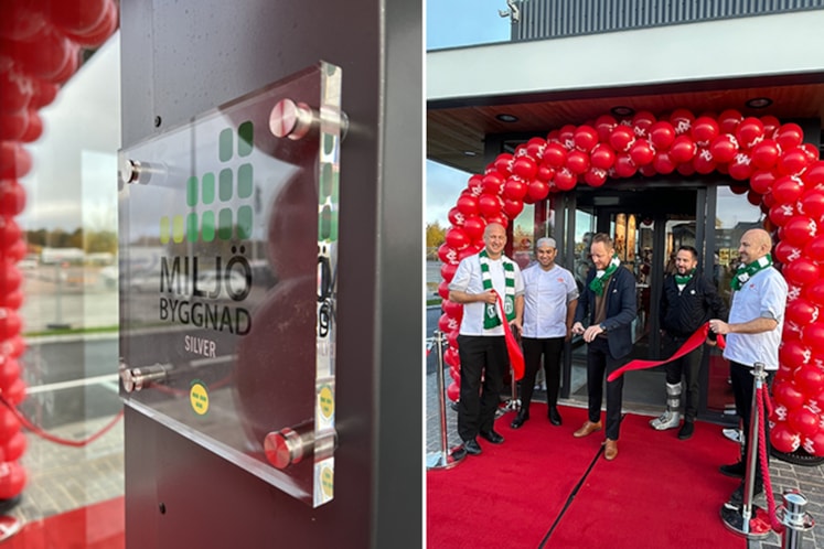 Kollage från invigning samt skylt med Miljöbyggnad.